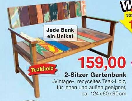 2-Sitzer Gartenbank »Vintage«, recyceltes Teak-Holz, für innen und außen geeignet, ca. 124x60x90cm