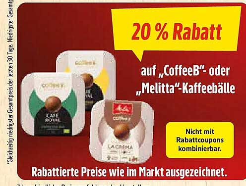 20 % Rabatt auf „CoffeeB“- oder „Melitta“-Kaffeebälle