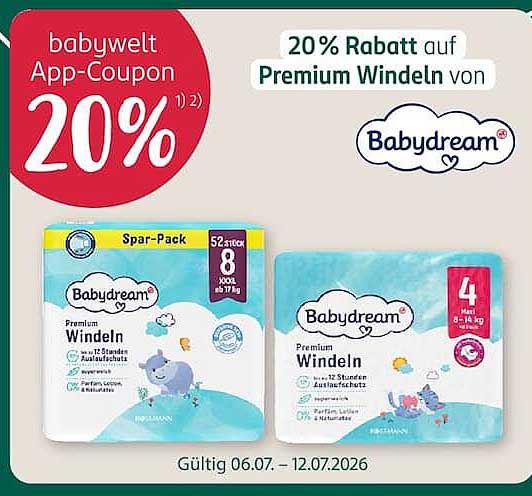 20% Rabatt auf Premium Windeln von Babydream