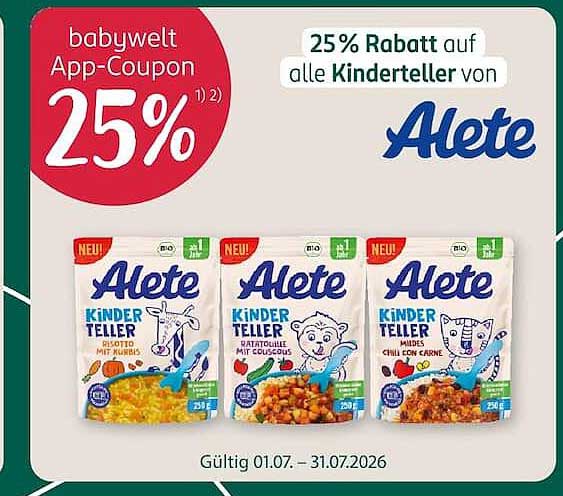25% Rabatt auf alle Kinderteller von Alete