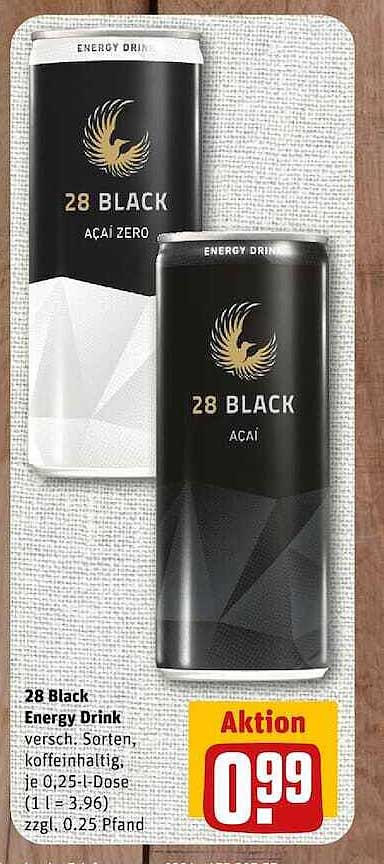 28 Black Energy Drink versch. Sorten, koffeinhaltig, je 0,25-L-Dose (1 l = 3,96) zzgl. 0,25 Pfand