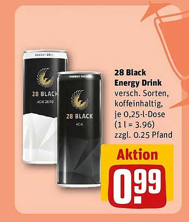 28 Black Energy Drink versch. Sorten, koffeinhaltig, je 0,25-l-Dose (1 l = 3.96) zzgl. 0.25 Pfand