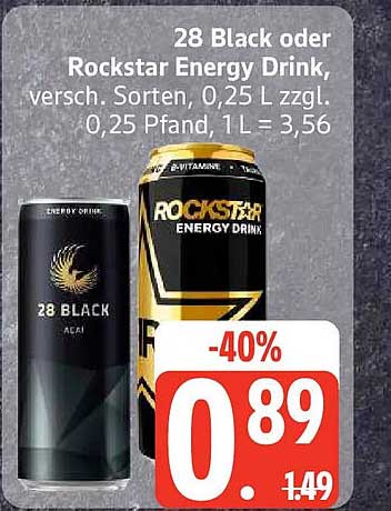 28 Black oder Rockstar Energy Drink, versch. Sorten, 0,25 L zzgl. 0,25 Pfand, 1 L = 3,56