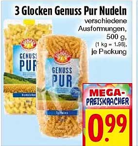 3 Glocken Genuss Pur Nudeln verschiedene Ausformungen, 500 g