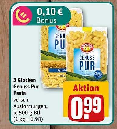 3 Glocken Genuss Pur Pasta versch. Ausformungen, je 500-g-Btl. (1 kg = 1.98)