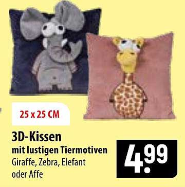 3D-Kissen mit lustigen Tiermotiven Giraffe, Zebra, Elefant oder Affe