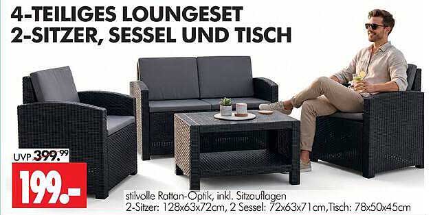 4-TEILIGES LOUNGESET 2-SITZER, SESSEL UND TISCH