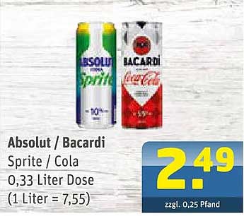 Absolut / Bacardi Sprite / Cola 0,33 Liter Dose (1 Liter = 7,55)
