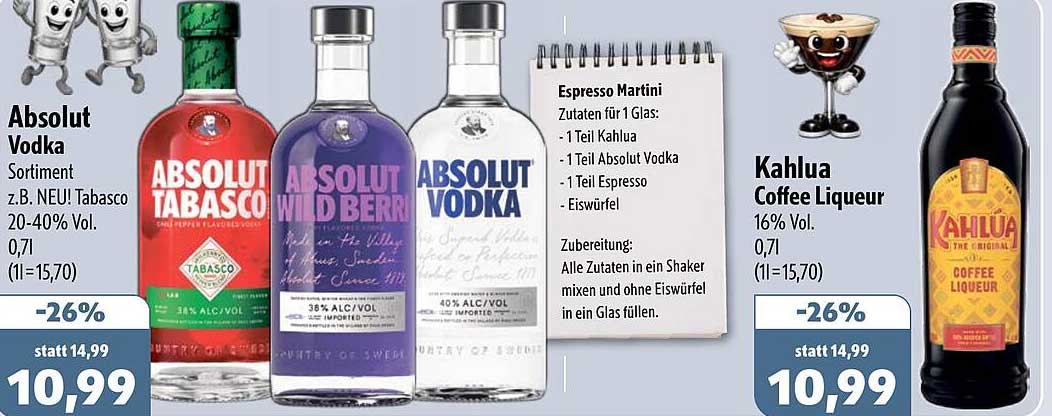 Absolut Vodka Sortiment z.B. NEU! Tabasco 20-40% Vol. 0,7l (1l=15,70)