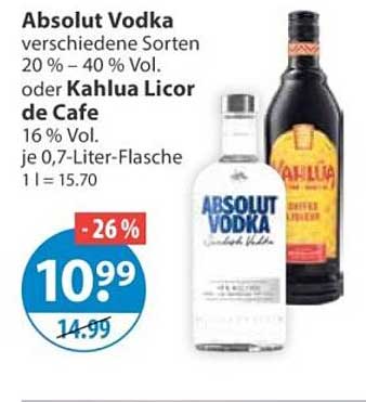 Absolut Vodka verschiedene Sorten 20 % – 40 % Vol. oder Kahlua Licor de Cafe 16 % Vol. je 0,7-Liter-Flasche