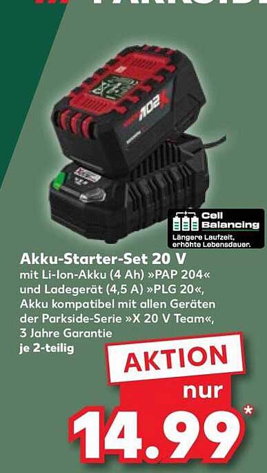 Akku-Starter-Set 20 V mit Li-Ion-Akku (4 Ah) »PAP 204« und Ladegerät (4,5 A) »PLG 20«, Akku kompatibel mit allen Geräten der Parkside-Serie »X 20 V Team«, 3 Jahre Garantie, je 2-teilig