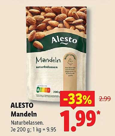ALESTO Mandeln Naturbelassen. Je 200 g; 1 kg = 9.95
