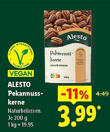 ALESTO Pekannuss-kerne Naturbelassen. Je 200 g 1 kg = 19.95