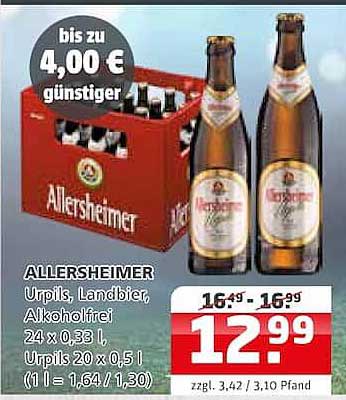 ALLERSHEIMER Urpils, Landbier, Alkoholfrei 24 x 0,33 l, Urpils 20 x 0,5 l (1 l = 1,64 / 1,30)