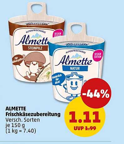 ALMETTE Frischkäsezubereitung Versch. Sorten je 150 g (1 kg = 7.40)
