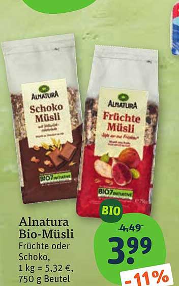 Alnatura Bio-Müsli Früchte oder Schoko, 1 kg = 5,32 €, 750 g Beutel