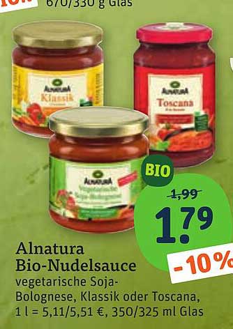 Alnatura Bio-Nudelsauce vegetarisch Soja-Bolognese, Klassik oder Toscana, 1 l = 5,11/5,51 €, 350/325 ml Glas