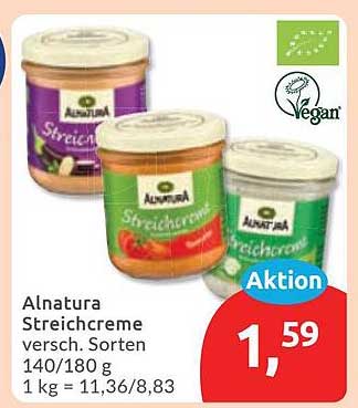 Alnatura Streichcreme versch. Sorten 140/180 g 1 kg = 11,36/8,83