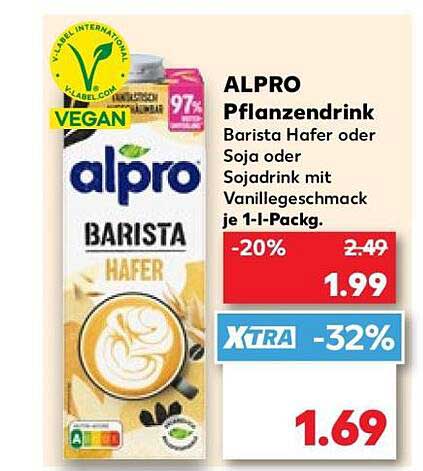 ALPRO Pflanzendrink Barista Hafer oder Soja oder Sojadrink mit Vanillegeschmack je 1-l-Pack.