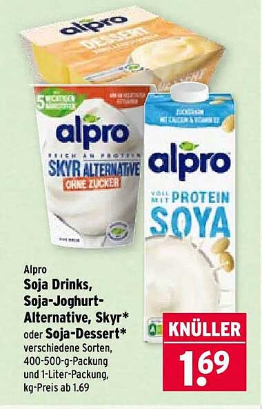 Alpro Soja Drinks, Soja-Joghurt-Alternative, Skyr* oder Soja-Dessert* verschiedene Sorten, 400-500-g-Packung und 1-Liter-Packung, kg-Preis ab 1.69