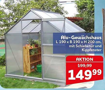 Alu-Gewächshaus L 190 x B 190 x H 200 cm, mit Schiebetür und Kippfenster