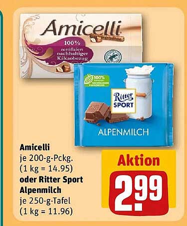 Amicelli je 200-g-Packg. (1 kg = 14.95) oder Ritter Sport Alpenmilch je 250-g-Tafel (1 kg = 11.96)