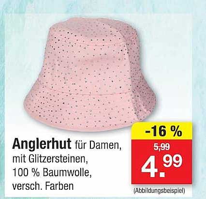 Anglerhut für Damen, mit Glitzersteinen, 100 % Baumwolle, versch. Farben