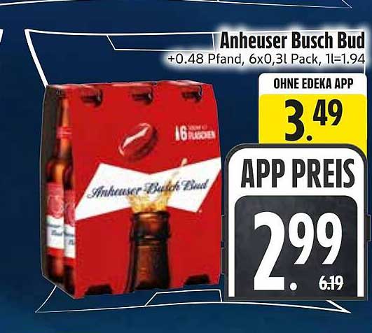 Anheuser Busch Bud +0.48 Pfand, 6x0,3l Pack, 1l=1.94