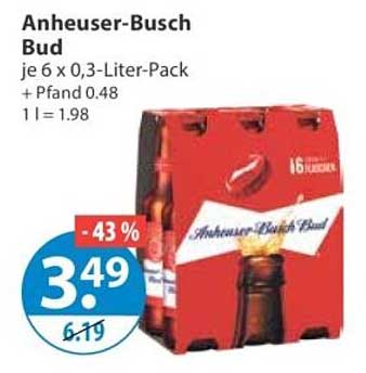 Anheuser-Busch Bud je 6 x 0,3-Liter-Pack + Pfand 0.48 1 l = 1.98