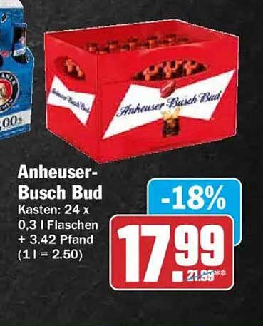 Anheuser-Busch Bud Kasten: 24 x 0,3 l Flaschen + 3,42 Pfand (1 l = 2,50)