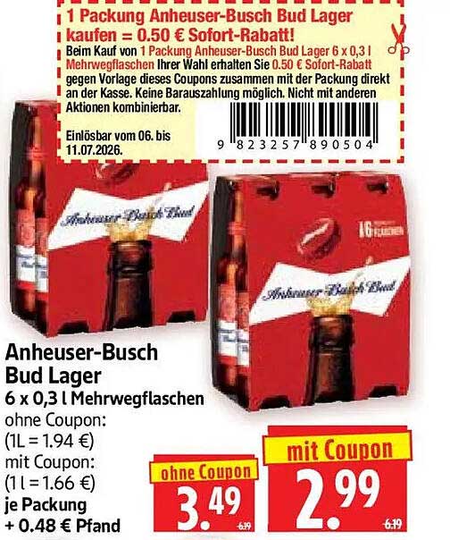 Anheuser-Busch Bud Lager 6 x 0,3 l Mehrwegflaschen