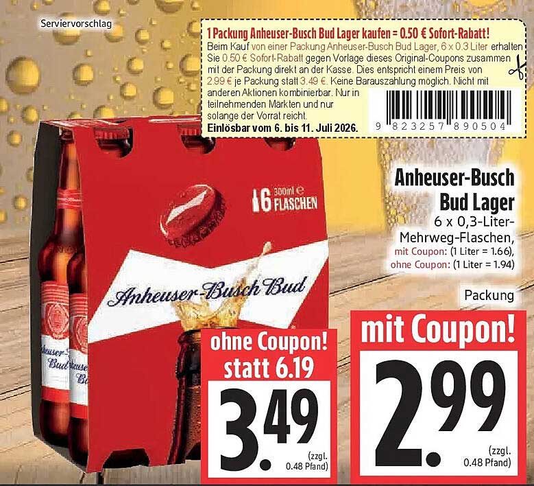 Anheuser-Busch Bud Lager 6 x 0,3-Liter-Mehrweg-Flaschen, mit Coupon: (1 Liter = 1.66), ohne Coupon: (1 Liter = 1.94)