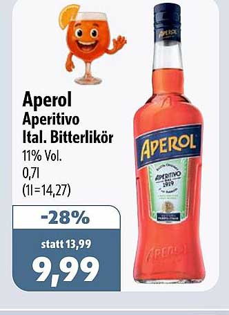 Aperol Aperitivo Ital. Bitterlikör 11% Vol. 0,7 l (1l=14,27)