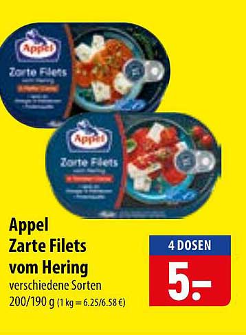 Appel Zarte Filets vom Hering verschiedene Sorten 200/190 g (1 kg = 6.25/6.58 €)