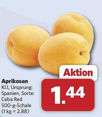 Aprikosen Kl. I, Ursprung: Spanien, Sorte: Ceba Red 500-g-Schale (1 kg = 2.88)
