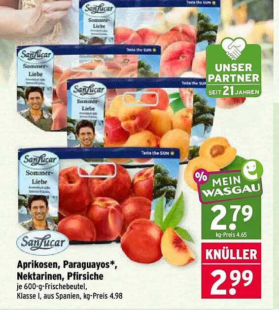 Aprikosen, Paraguayo*, Nektarinen, Pfirsiche je 600-g-Frischebeutel, Klasse I, aus Spanien, kg-Preis 4.98