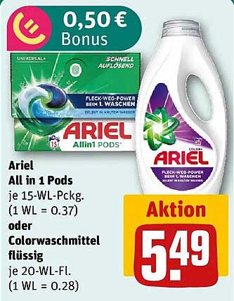 Ariel All in 1 Pods je 15-WL-Pckg. (1 WL = 0.37) oder Colorwaschmittel flüssig je 20-WL-Fl. (1 WL = 0.28)