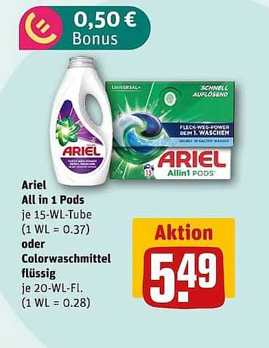 Ariel All in 1 Pods je 15-WL-Tube oder Colorwaschmittel flüssig je 20-WL-Fl.