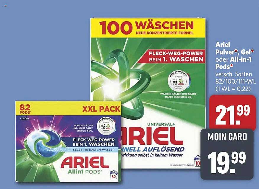 Ariel Pulver, Gel oder All-in-1 Pods versch. Sorten 82/100/111-WL (1 WL = 0.22)