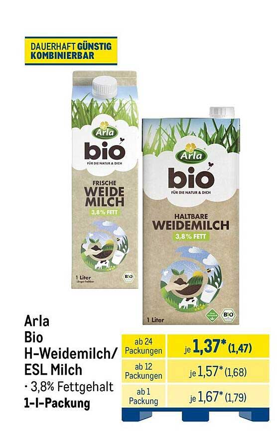 Arla Bio H-Weidemilch/ESL Milch • 3,8% Fettgehalt 1-l-Packung