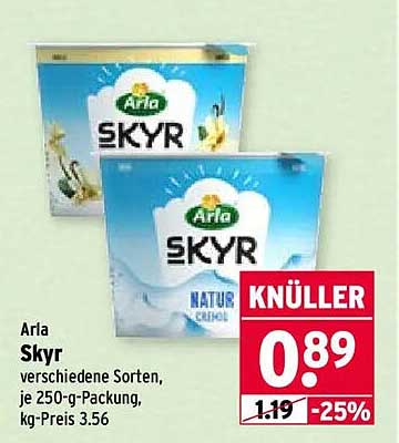 Arla Skyr verschiedene Sorten, je 250-g-Packung, kg-Preis 3.56