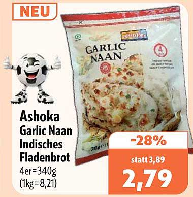 Ashoka Garlic Naan Indisches Fladenbrot 4er=340g (1kg=8,21)