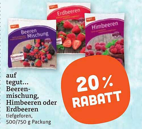 auf tegut... Beerenmischung, Himbeeren oder Erdbeeren tiefgefroren, 500/750 g Packung