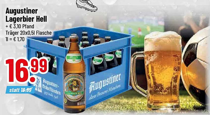 Augustiner Lagerbier Hell + € 3,10 Pfand Träger 20x0,5l Flasche 1l = € 1,70