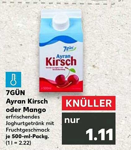 Ayran Kirsch oder Mango erfrischendes Joghurtgetränk mit Fruchtgeschmack je 500-ml-Pack. (1 l = 2.22)