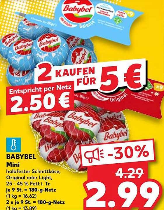 BABYBEL Mini halbfester Schnittkäse, Original oder Light, 25 - 45 % Fett i. Tr. je 9 St. = 180-g-Netz (1 kg = 16.62) 2 x je 9 St. = 180-g-Netz (1 kg = 13.89)
