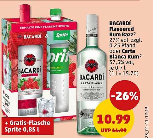 BACARDÍ Flavoured Rum Razz* 27% vol, zzgl. 0.25 Pfand oder Carta Blanca Rum* 37,5% vol, je 0,7 l (1 l = 15.70)