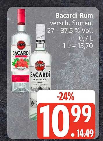 Bacardi Rum versch. Sorten, 27 - 37,5 % Vol. 0,7 L 1 L = 15,70