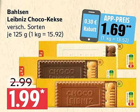 Bahlsen Leibniz Choco-Kekse versch. Sorten je 125 g (1 kg = 15.92)
