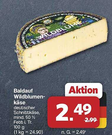 Baldauf Wildblumenkäse deutscher Schnittkäse, mind. 50 % Fett i. Tr. 100 g (1 kg = 24.90)